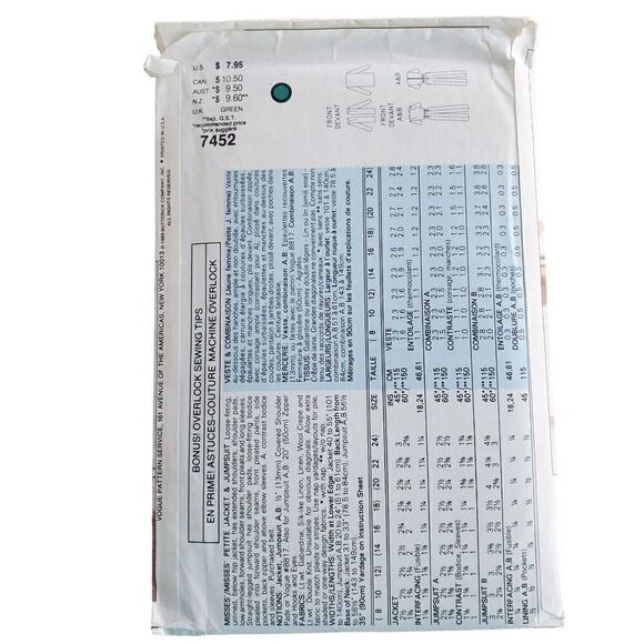 Vintage 80s Vogue Pattern 7452 Uncut Jumpsuit Jacket 8 10 12 - Picture 3 of 4